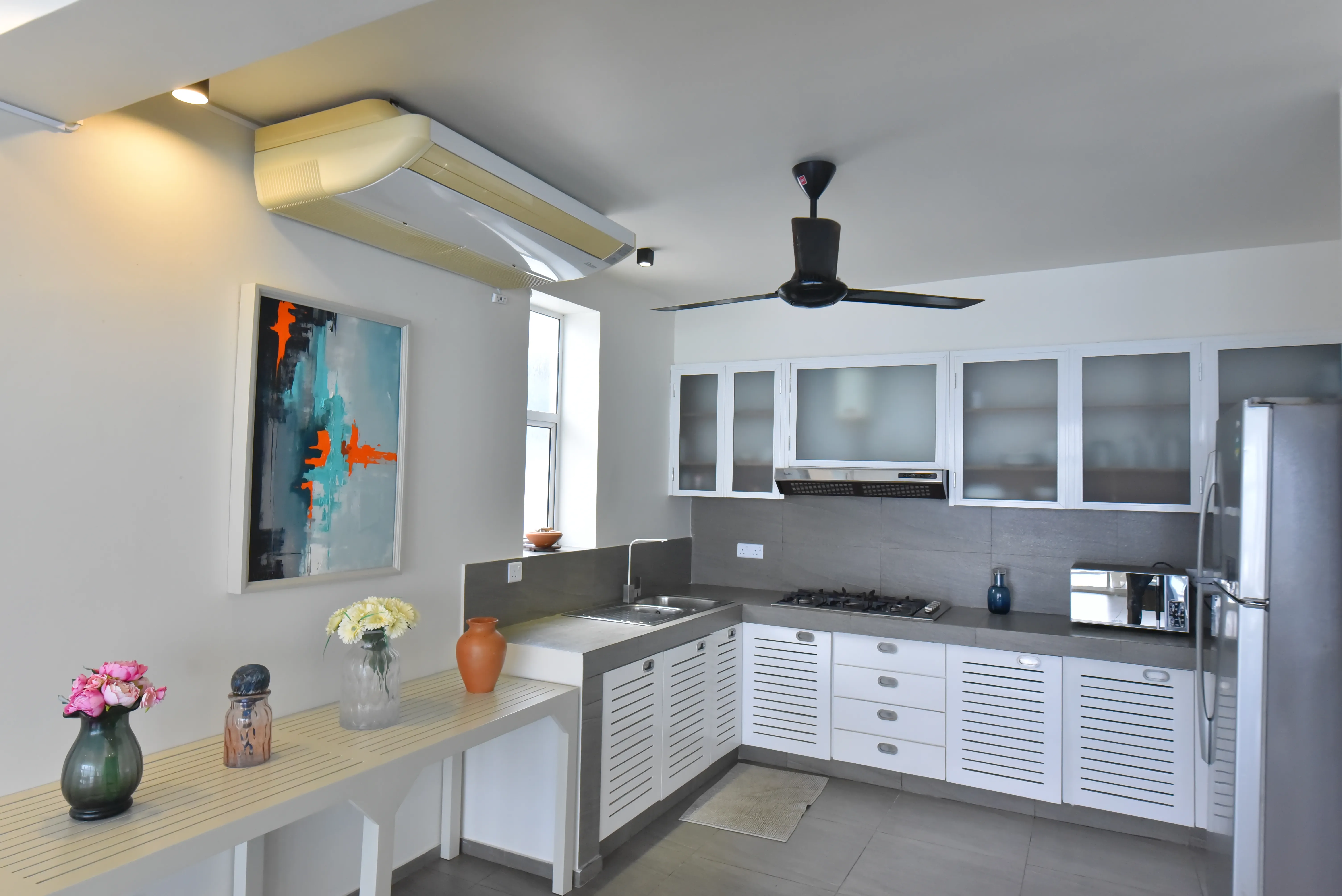 Terrace with mountain backdrop